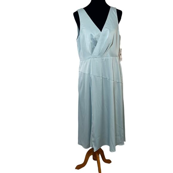 NEW Aidan Mattox V Neck Satin Midi Dress Size 16 Pleated Blue Green Pockets - Picture 3 of 12